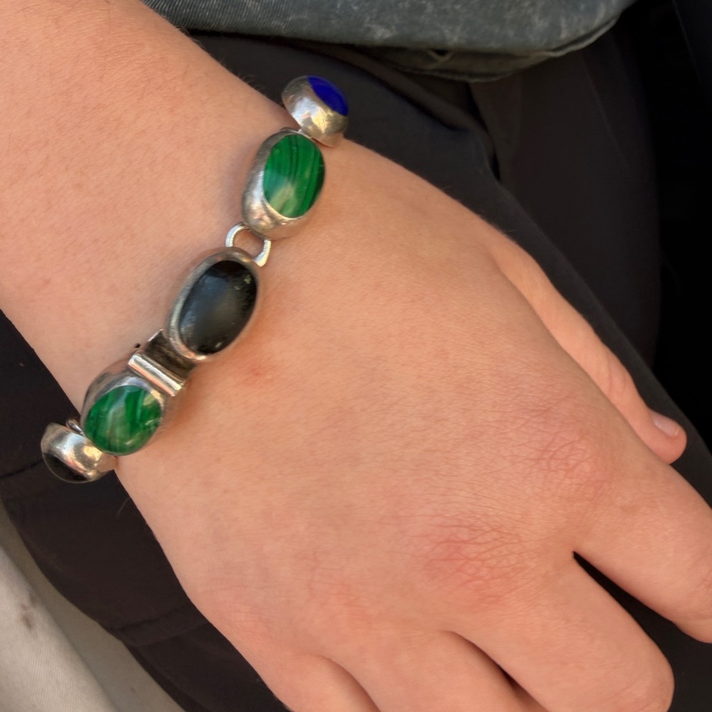 Vintage Sterling Silver Link Bracelet | Malachite, Lapis, Obsidian Stones | Boho